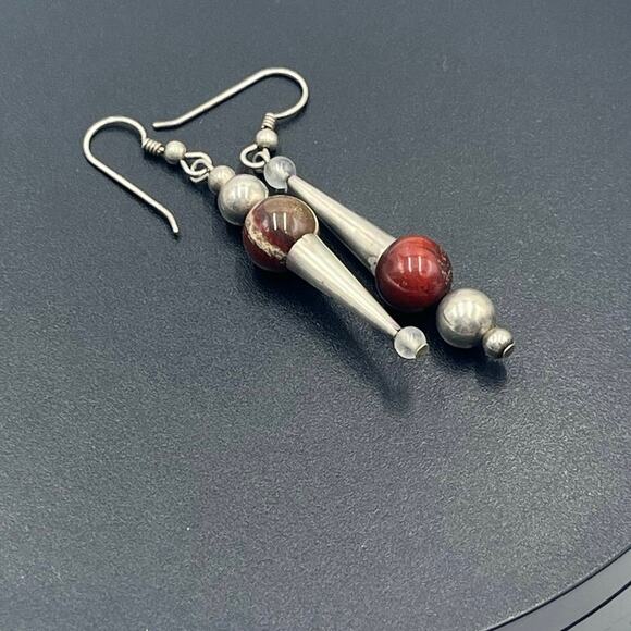 Artisan Made Mismatched Brown Jasper Ball Sterling Silver Dangle Earrings - Picture 2 of 11